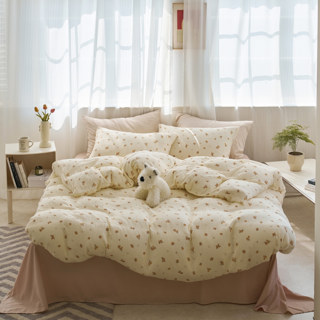 91家纺网 家纺一手货源 找家纺 洋铭区（原狠狠爱） 2025新款全棉纯棉皱皱纱四件套 鹅黄小花