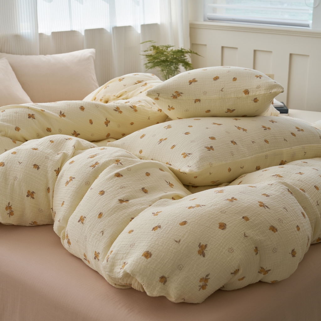 91家纺网 家纺一手货源 找家纺 洋铭区（原狠狠爱） 2025新款全棉纯棉皱皱纱四件套 鹅黄小花