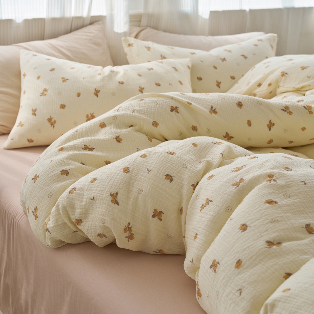 91家纺网 家纺一手货源 找家纺 洋铭区（原狠狠爱） 2025新款全棉纯棉皱皱纱四件套 鹅黄小花