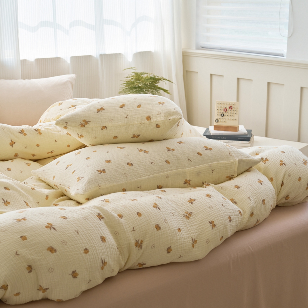 91家纺网 家纺一手货源 找家纺 洋铭区（原狠狠爱） 2025新款全棉纯棉皱皱纱四件套 鹅黄小花