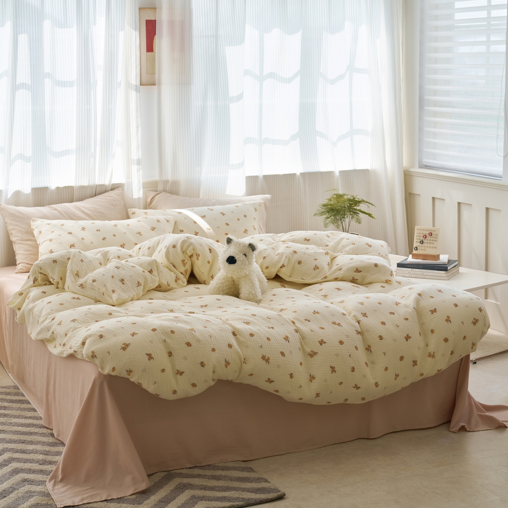 91家纺网 家纺一手货源 找家纺 洋铭区（原狠狠爱） 2025新款全棉纯棉皱皱纱四件套 鹅黄小花