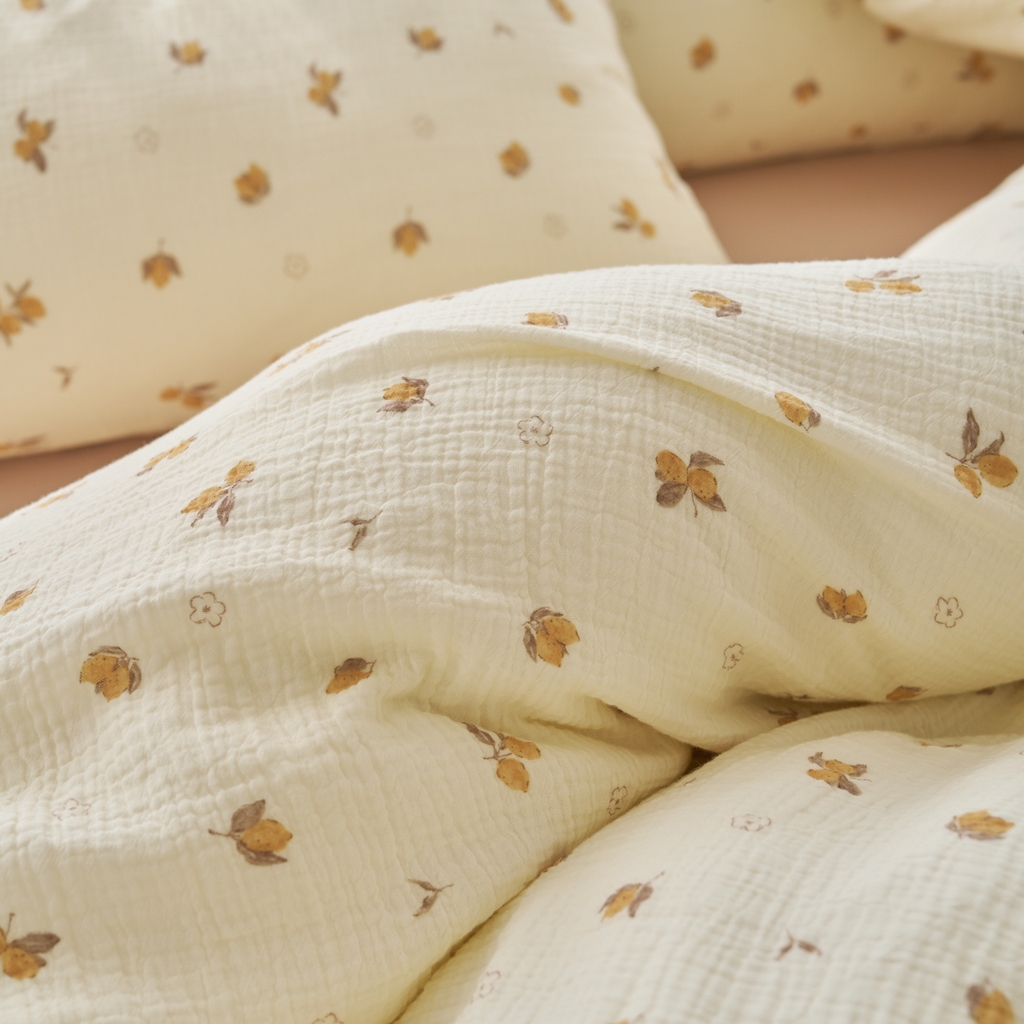 91家纺网 家纺一手货源 找家纺 洋铭区（原狠狠爱） 2025新款全棉纯棉皱皱纱四件套 鹅黄小花