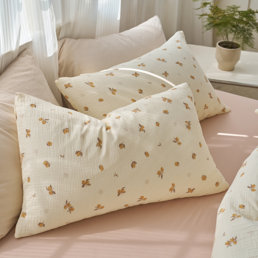 91家纺网 家纺一手货源 找家纺 洋铭区（原狠狠爱） 2025新款全棉纯棉皱皱纱四件套 鹅黄小花