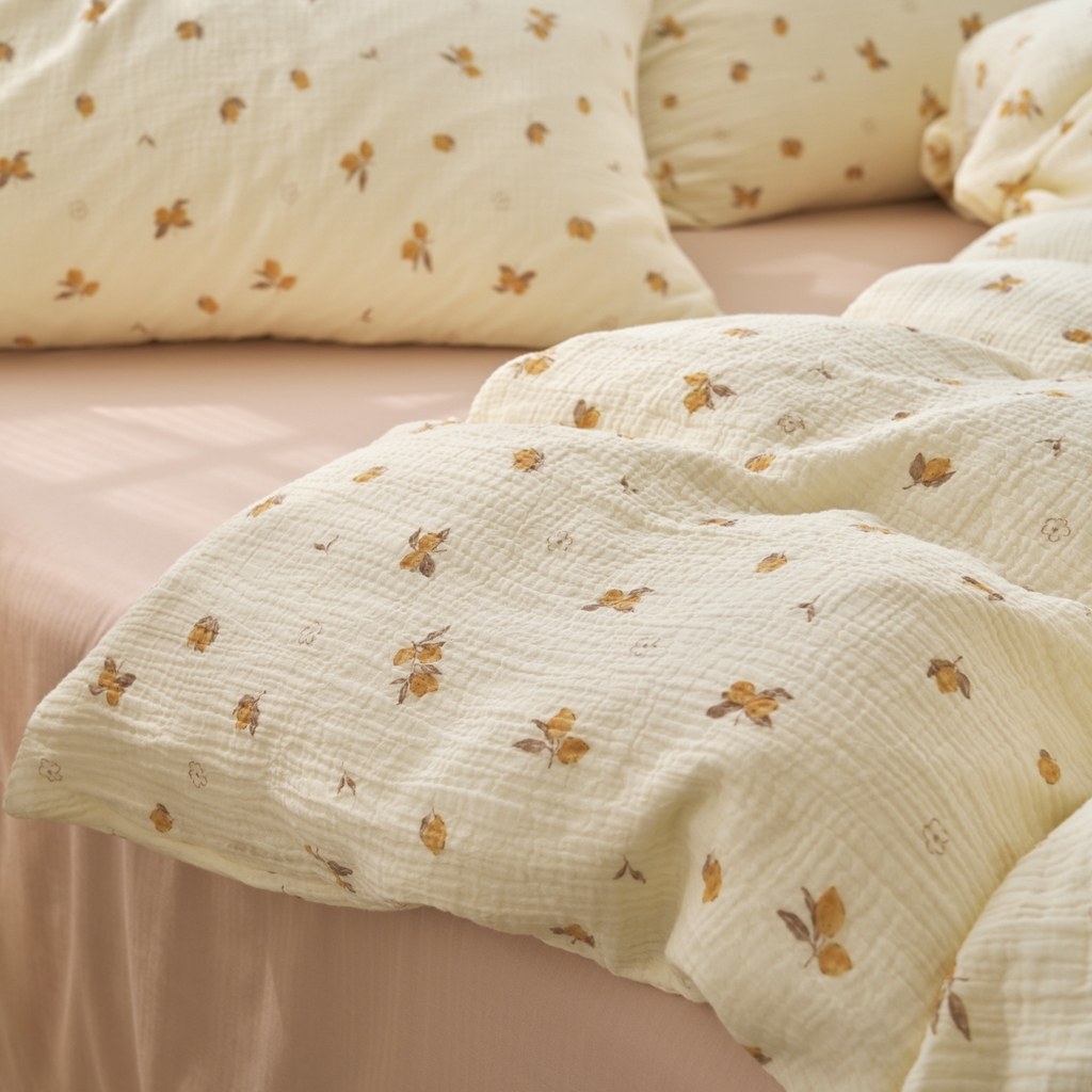 91家纺网 家纺一手货源 找家纺 洋铭区（原狠狠爱） 2025新款全棉纯棉皱皱纱四件套 鹅黄小花