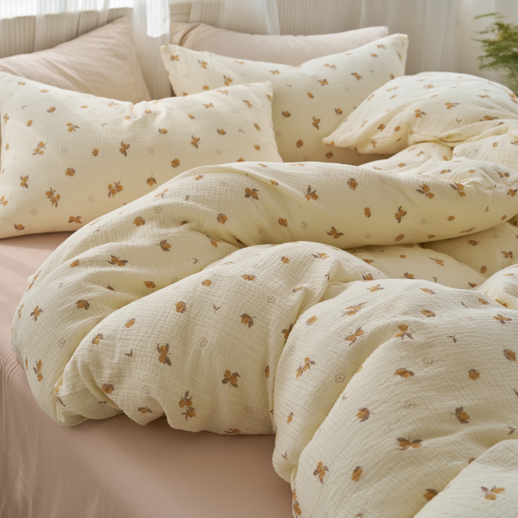 洋铭区（原狠狠爱） 2025新款全棉纯棉皱皱纱四件套 鹅黄小花