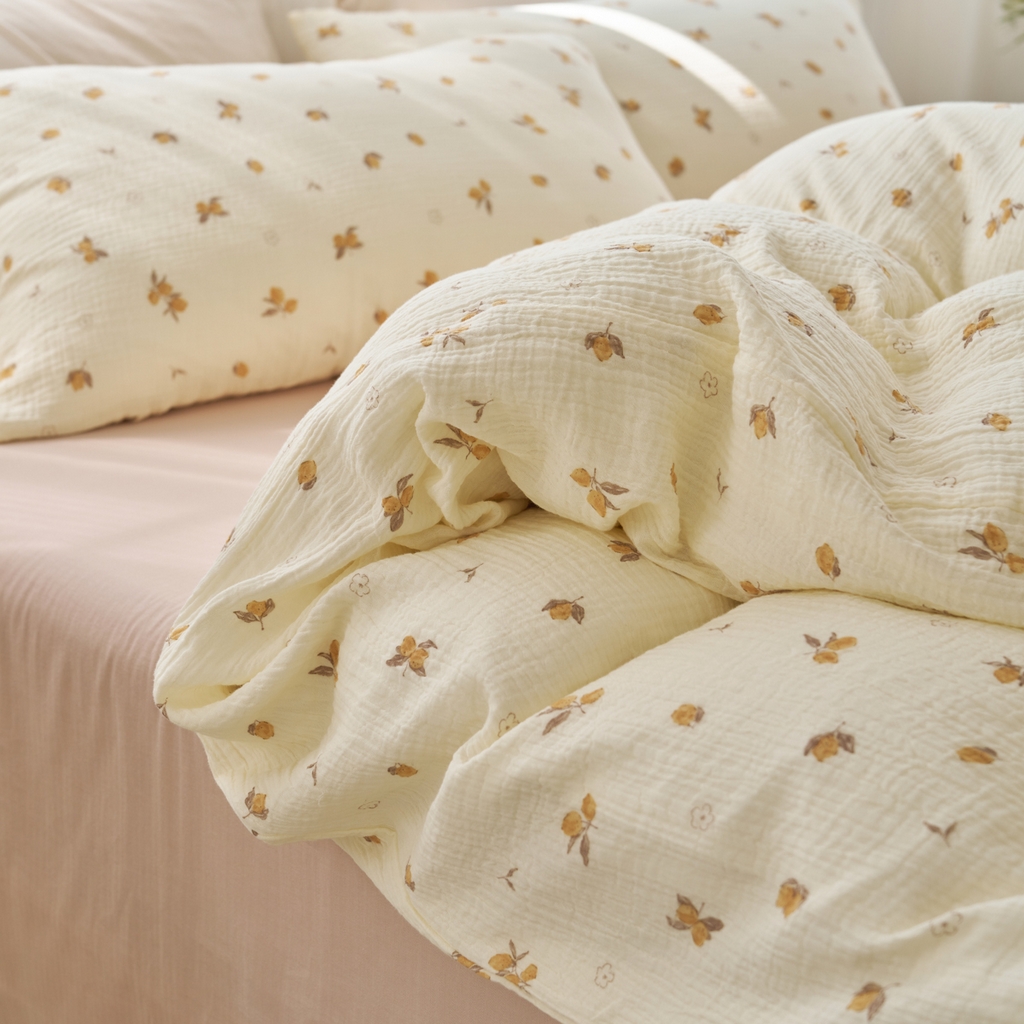 91家纺网 家纺一手货源 找家纺 洋铭区（原狠狠爱） 2025新款全棉纯棉皱皱纱四件套 鹅黄小花