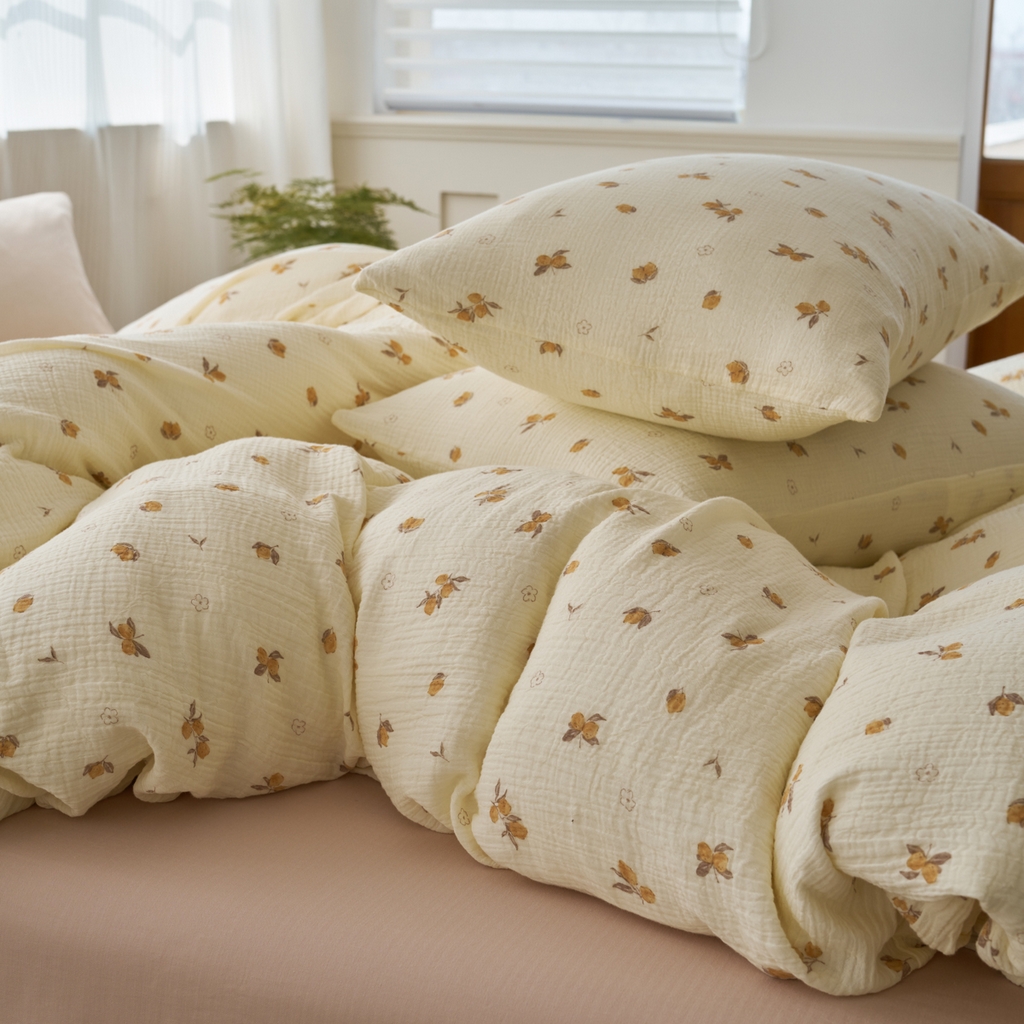 91家纺网 家纺一手货源 找家纺 洋铭区（原狠狠爱） 2025新款全棉纯棉皱皱纱四件套 鹅黄小花