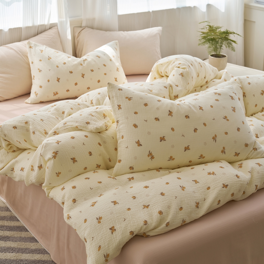 91家纺网 家纺一手货源 找家纺 洋铭区（原狠狠爱） 2025新款全棉纯棉皱皱纱四件套 鹅黄小花