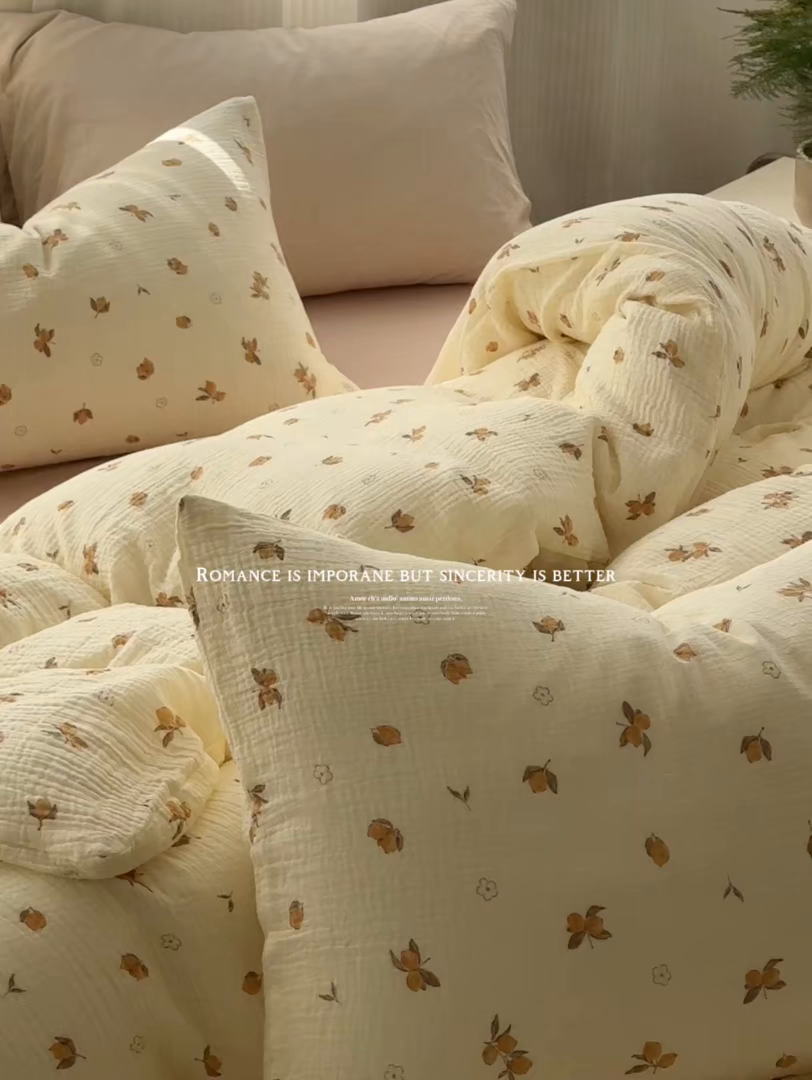 91家纺网 家纺一手货源 找家纺 洋铭区（原狠狠爱） 2025新款全棉纯棉皱皱纱四件套 鹅黄小花