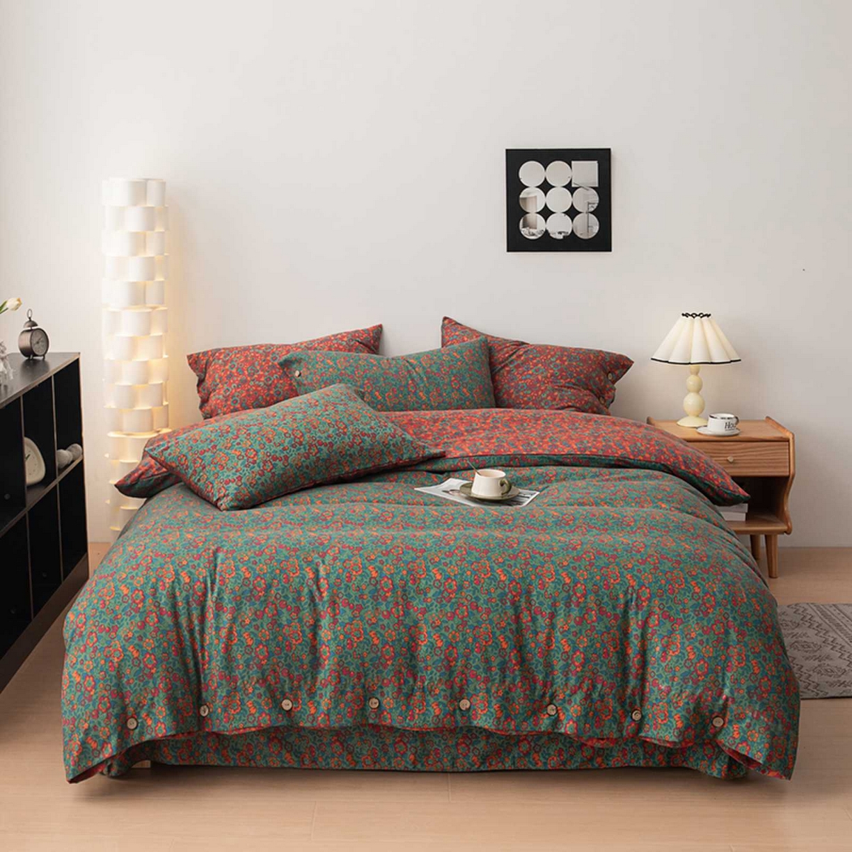 果洋家纺 2025新款水洗双层纱复古纽扣款轻奢风小碎花系列四件套 花间物语