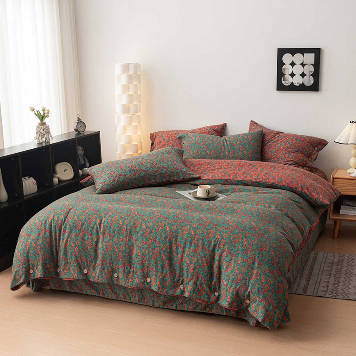 91家纺网 家纺一手货源 找家纺 果洋家纺 2025新款水洗双层纱复古纽扣款轻奢风小碎花系列四件套 花间物语