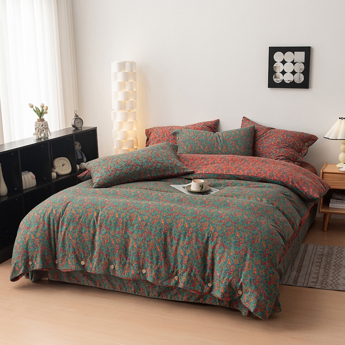 91家纺网 家纺一手货源 找家纺 果洋家纺 2025新款水洗双层纱复古纽扣款轻奢风小碎花系列四件套 花间物语