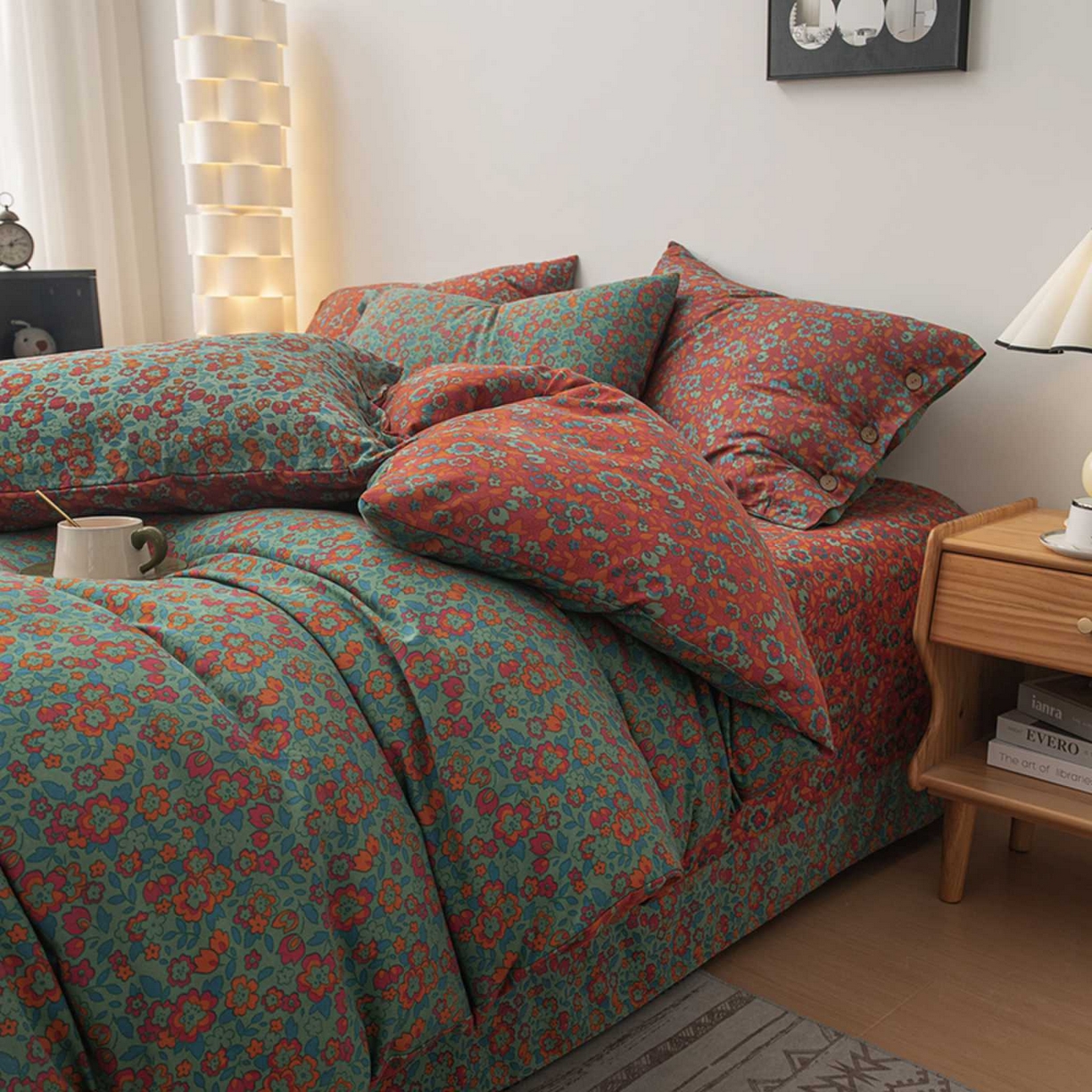 91家纺网 家纺一手货源 找家纺 果洋家纺 2025新款水洗双层纱复古纽扣款轻奢风小碎花系列四件套 花间物语