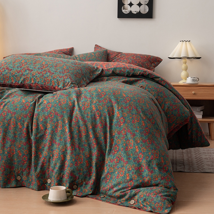 91家纺网 家纺一手货源 找家纺 果洋家纺 2025新款水洗双层纱复古纽扣款轻奢风小碎花系列四件套 花间物语