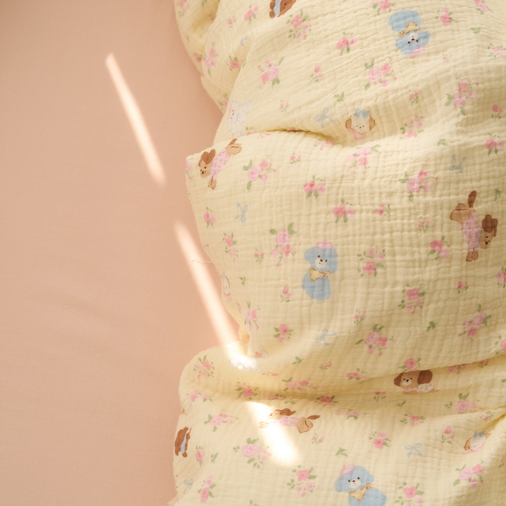 91家纺网 家纺一手货源 找家纺 洋铭区（原狠狠爱） 2025新款全棉纯棉皱皱纱四件套 小狗花园