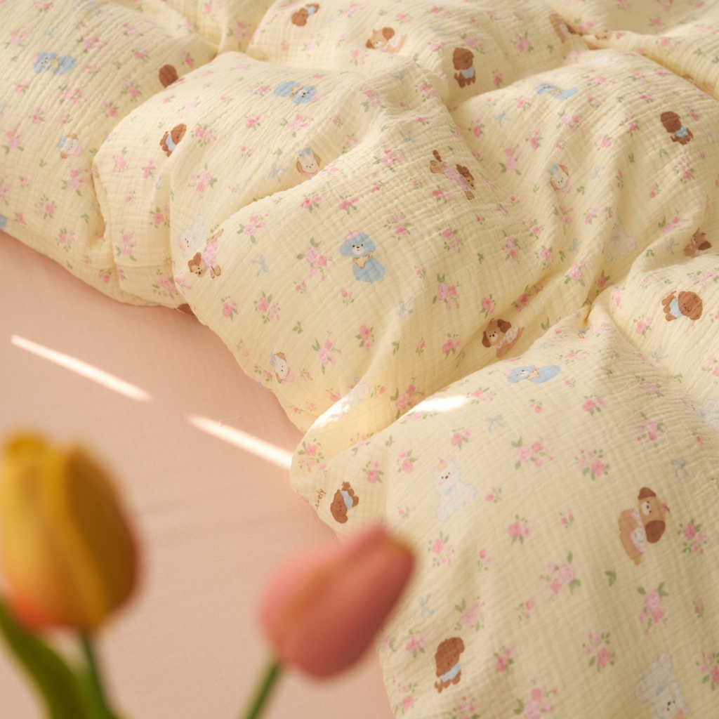 91家纺网 家纺一手货源 找家纺 洋铭区（原狠狠爱） 2025新款全棉纯棉皱皱纱四件套 小狗花园