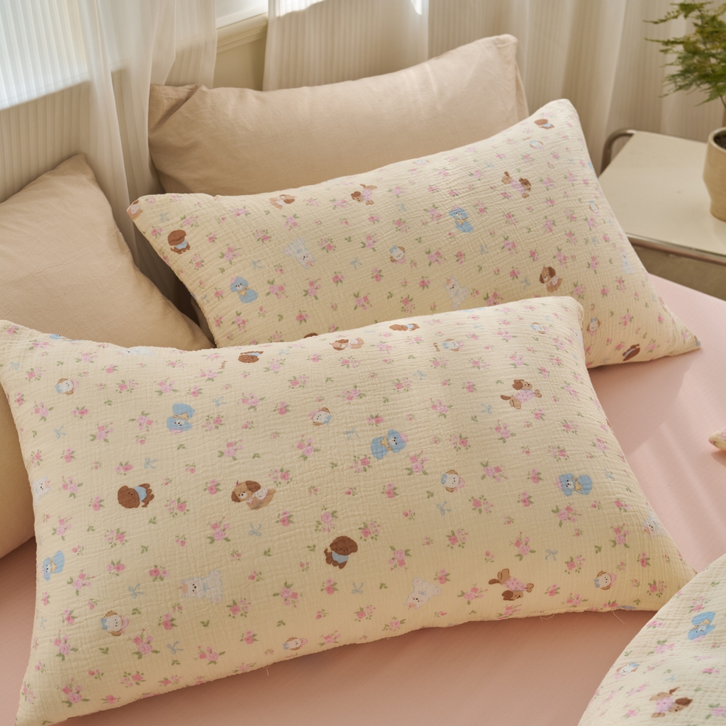 91家纺网 家纺一手货源 找家纺 洋铭区（原狠狠爱） 2025新款全棉纯棉皱皱纱四件套 小狗花园