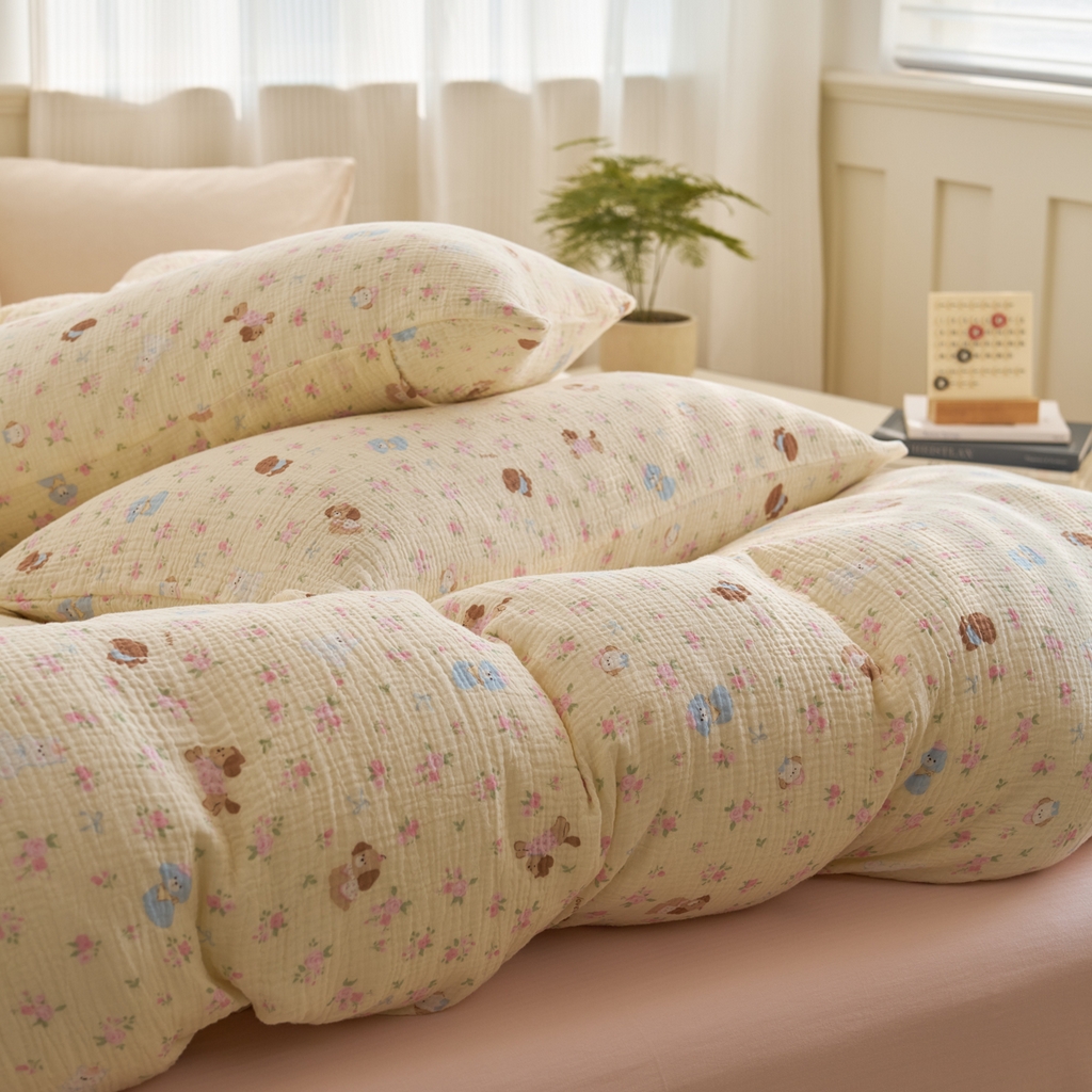 91家纺网 家纺一手货源 找家纺 洋铭区（原狠狠爱） 2025新款全棉纯棉皱皱纱四件套 小狗花园