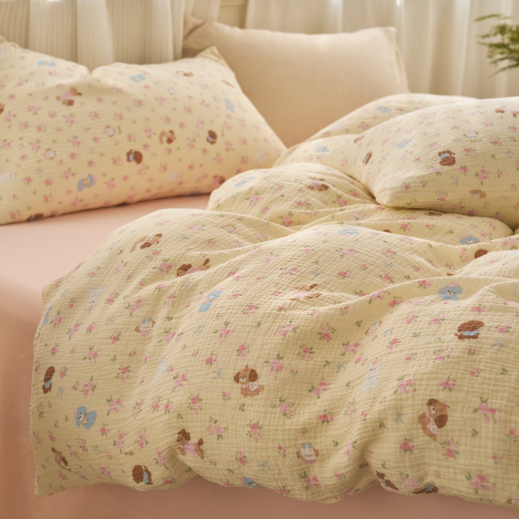 91家纺网 家纺一手货源 找家纺 洋铭区（原狠狠爱） 2025新款全棉纯棉皱皱纱四件套 小狗花园