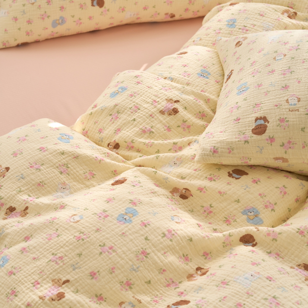 91家纺网 家纺一手货源 找家纺 洋铭区（原狠狠爱） 2025新款全棉纯棉皱皱纱四件套 小狗花园