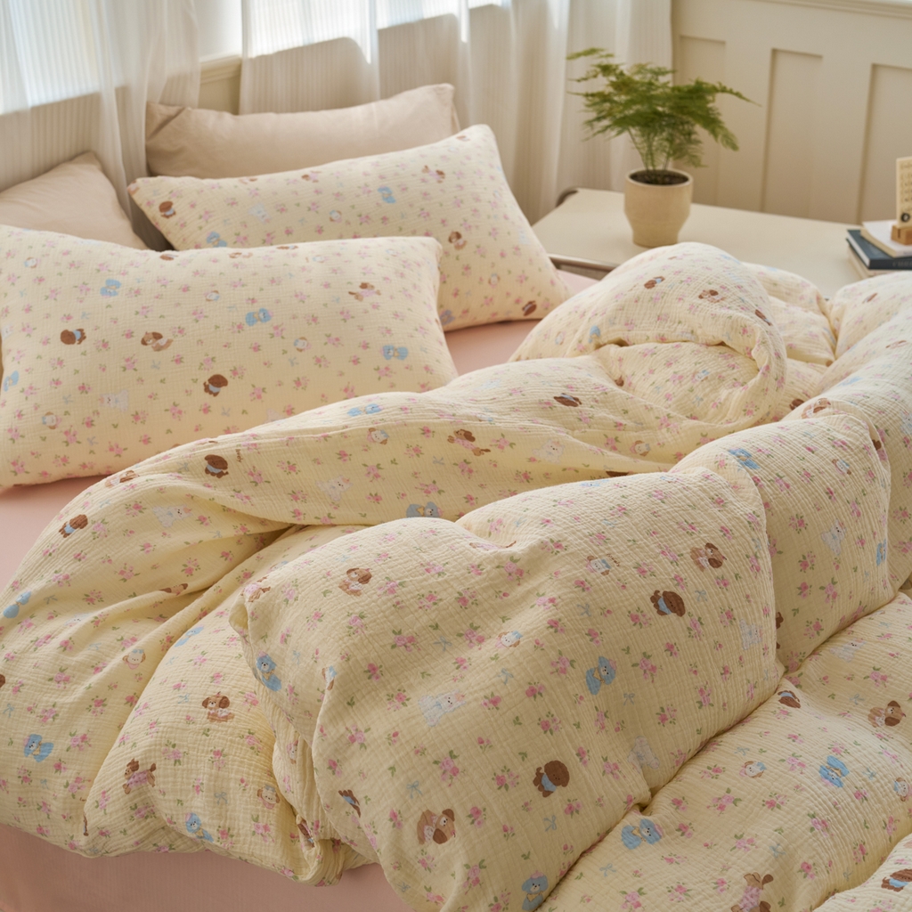 91家纺网 家纺一手货源 找家纺 洋铭区（原狠狠爱） 2025新款全棉纯棉皱皱纱四件套 小狗花园