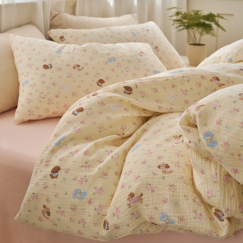 91家纺网 家纺一手货源 找家纺 洋铭区（原狠狠爱） 2025新款全棉纯棉皱皱纱四件套 小狗花园