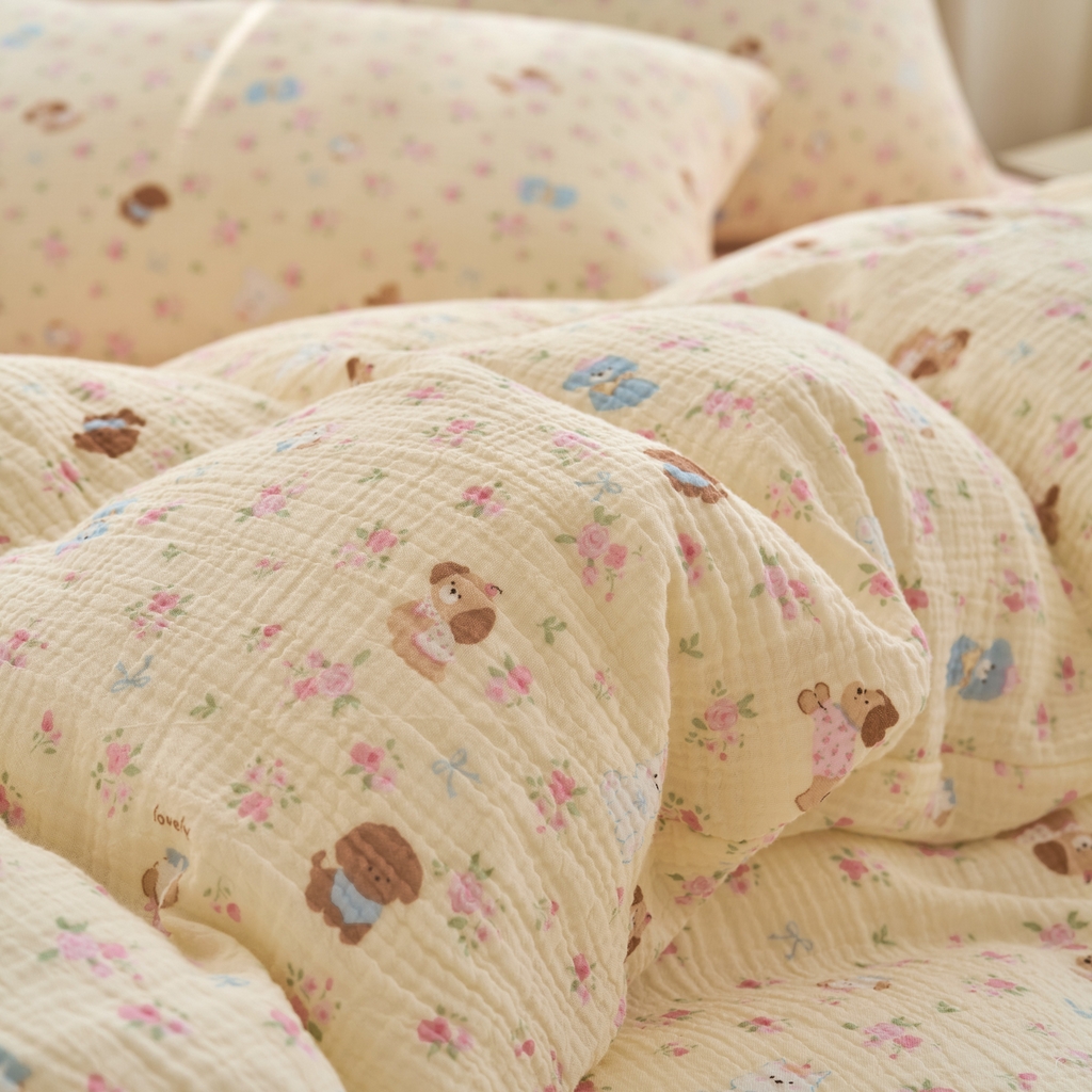 91家纺网 家纺一手货源 找家纺 洋铭区（原狠狠爱） 2025新款全棉纯棉皱皱纱四件套 小狗花园