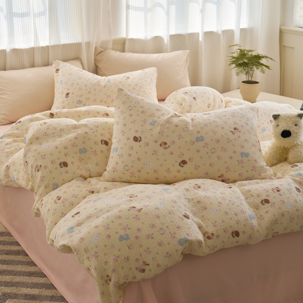 91家纺网 家纺一手货源 找家纺 洋铭区（原狠狠爱） 2025新款全棉纯棉皱皱纱四件套 小狗花园