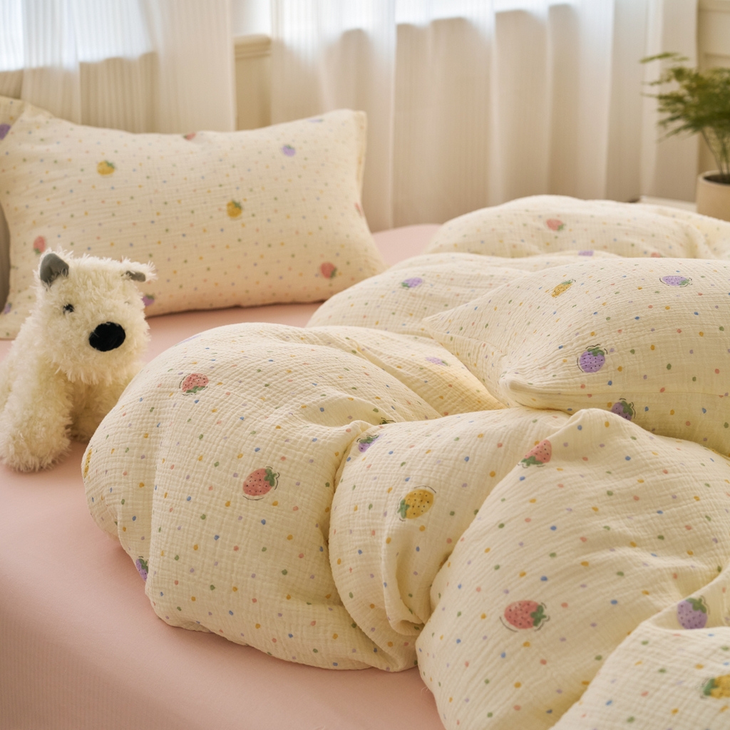 91家纺网 家纺一手货源 找家纺 洋铭区（原狠狠爱） 2025新款全棉纯棉皱皱纱四件套 梦幻草莓