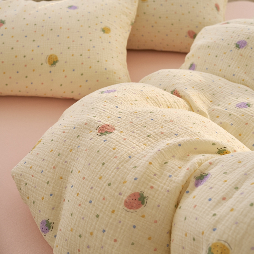 91家纺网 家纺一手货源 找家纺 洋铭区（原狠狠爱） 2025新款全棉纯棉皱皱纱四件套 梦幻草莓