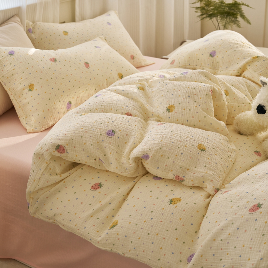 91家纺网 家纺一手货源 找家纺 洋铭区（原狠狠爱） 2025新款全棉纯棉皱皱纱四件套 梦幻草莓