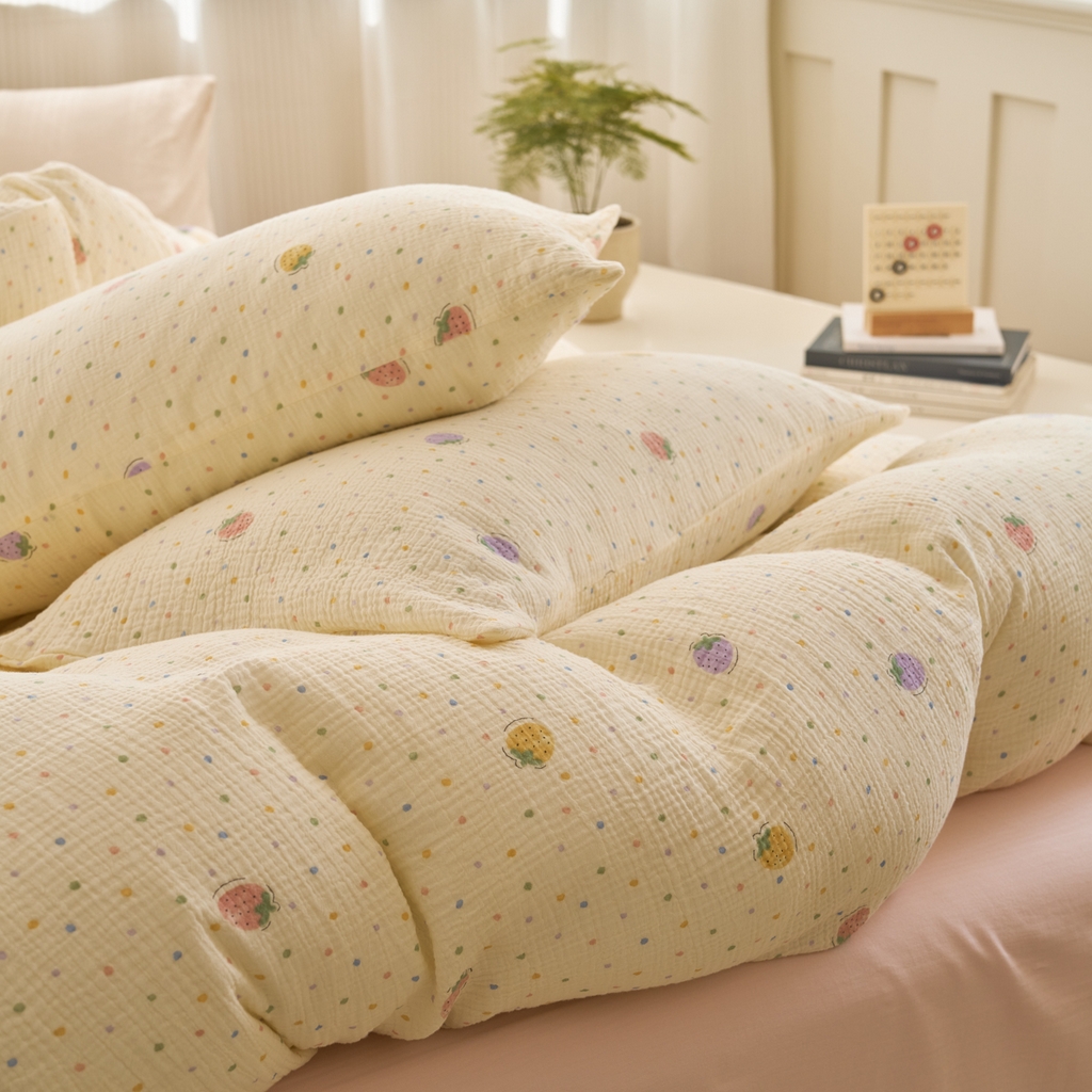 91家纺网 家纺一手货源 找家纺 洋铭区（原狠狠爱） 2025新款全棉纯棉皱皱纱四件套 梦幻草莓