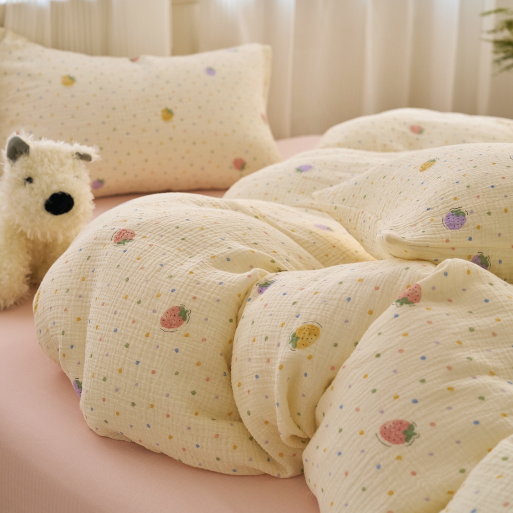 91家纺网 家纺一手货源 找家纺 洋铭区（原狠狠爱） 2025新款全棉纯棉皱皱纱四件套 梦幻草莓