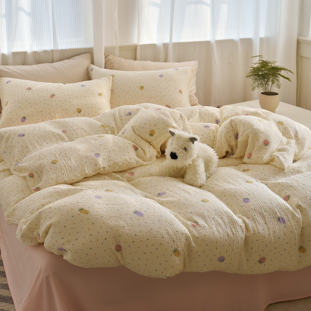 91家纺网 家纺一手货源 找家纺 洋铭区（原狠狠爱） 2025新款全棉纯棉皱皱纱四件套 梦幻草莓