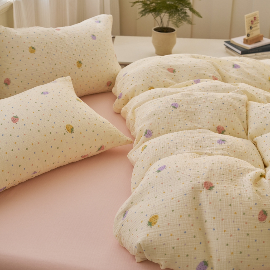 91家纺网 家纺一手货源 找家纺 洋铭区（原狠狠爱） 2025新款全棉纯棉皱皱纱四件套 梦幻草莓