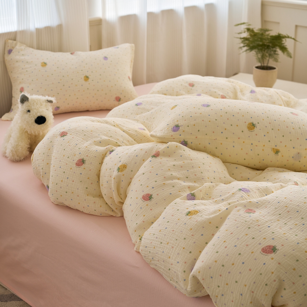 91家纺网 家纺一手货源 找家纺 洋铭区（原狠狠爱） 2025新款全棉纯棉皱皱纱四件套 梦幻草莓