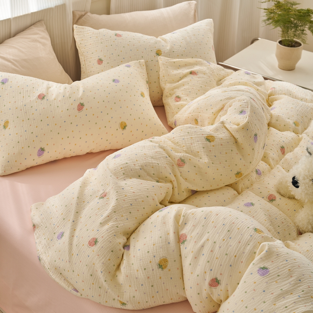 91家纺网 家纺一手货源 找家纺 洋铭区（原狠狠爱） 2025新款全棉纯棉皱皱纱四件套 梦幻草莓