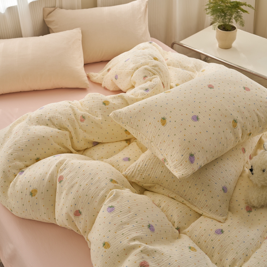 洋铭区（原狠狠爱） 2025新款全棉纯棉皱皱纱四件套 梦幻草莓