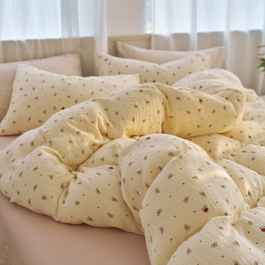 91家纺网 家纺一手货源 找家纺 洋铭区（原狠狠爱） 2025新款全棉纯棉皱皱纱四件套 樱桃小蝴蝶