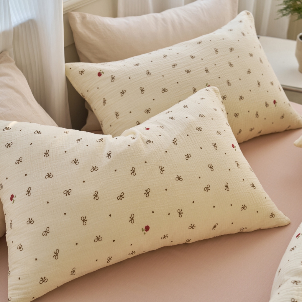 91家纺网 家纺一手货源 找家纺 洋铭区（原狠狠爱） 2025新款全棉纯棉皱皱纱四件套 樱桃小蝴蝶