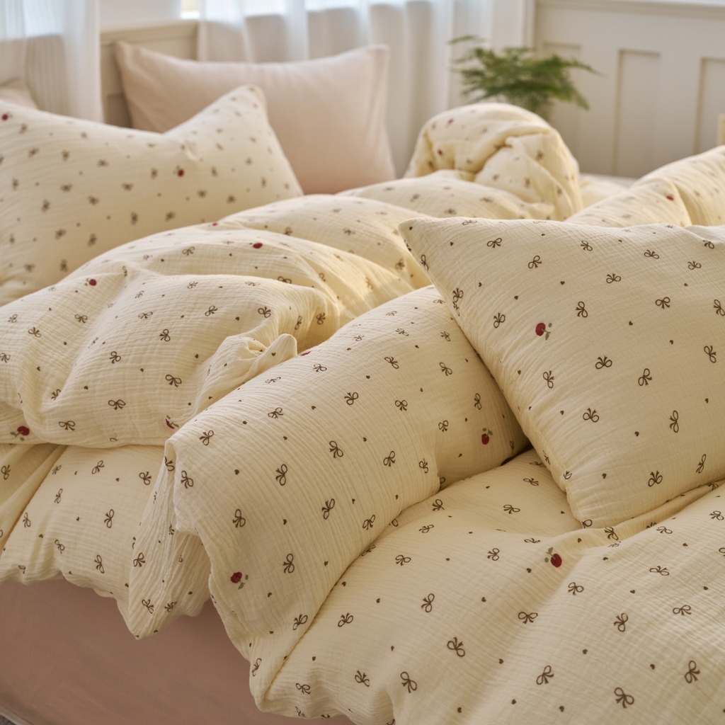 91家纺网 家纺一手货源 找家纺 洋铭区（原狠狠爱） 2025新款全棉纯棉皱皱纱四件套 樱桃小蝴蝶