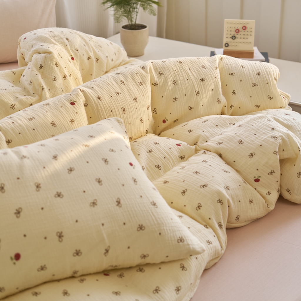 91家纺网 家纺一手货源 找家纺 洋铭区（原狠狠爱） 2025新款全棉纯棉皱皱纱四件套 樱桃小蝴蝶