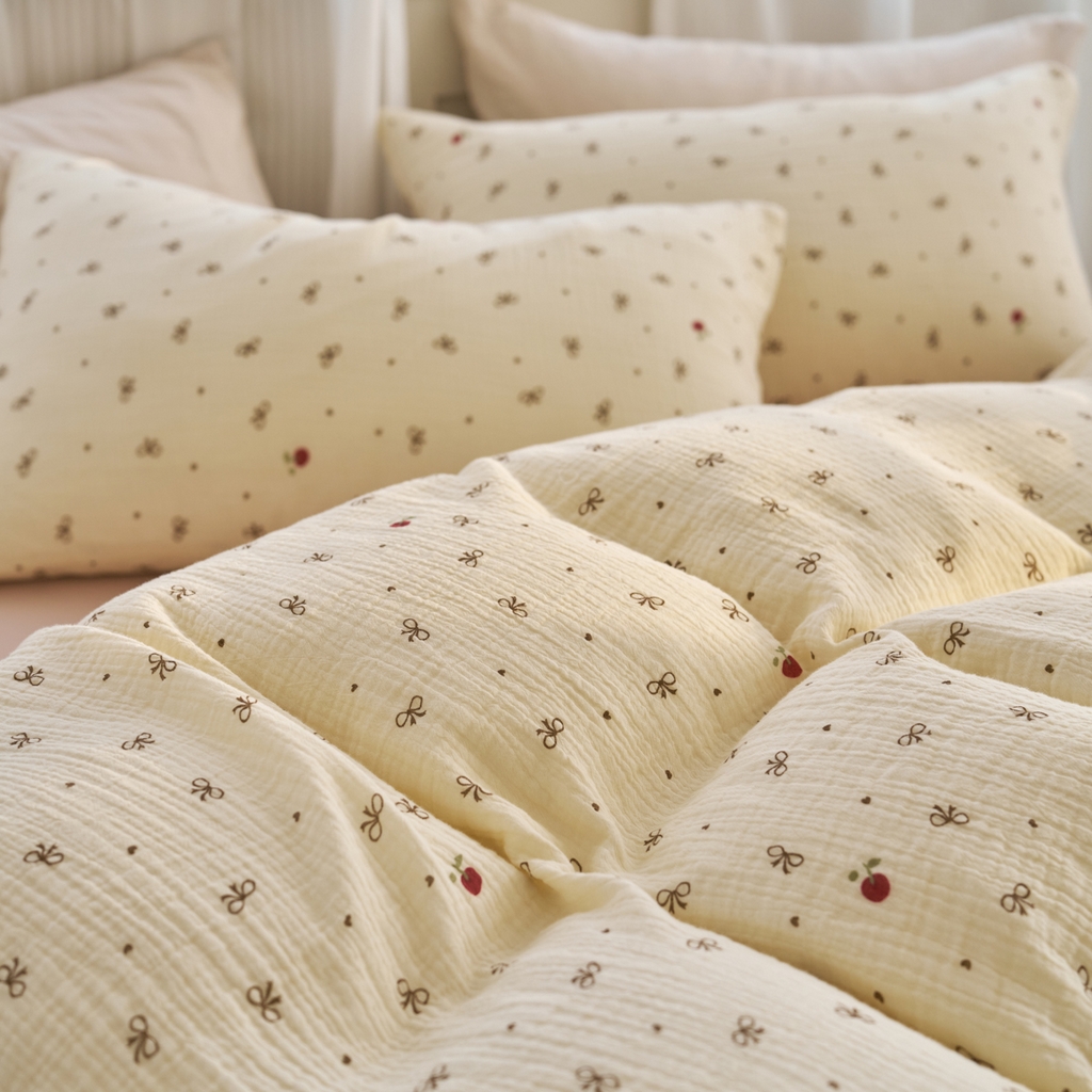 91家纺网 家纺一手货源 找家纺 洋铭区（原狠狠爱） 2025新款全棉纯棉皱皱纱四件套 樱桃小蝴蝶