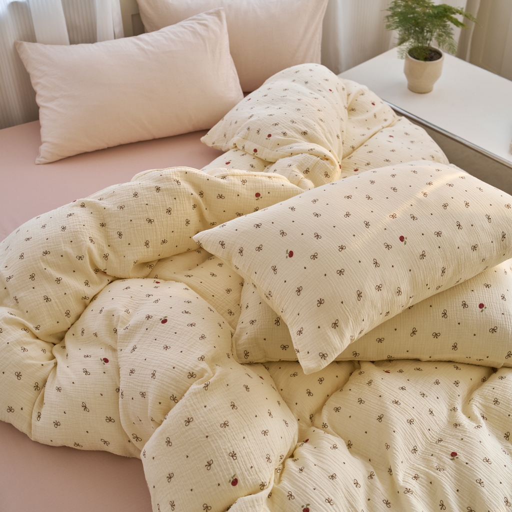 91家纺网 家纺一手货源 找家纺 洋铭区（原狠狠爱） 2025新款全棉纯棉皱皱纱四件套 樱桃小蝴蝶