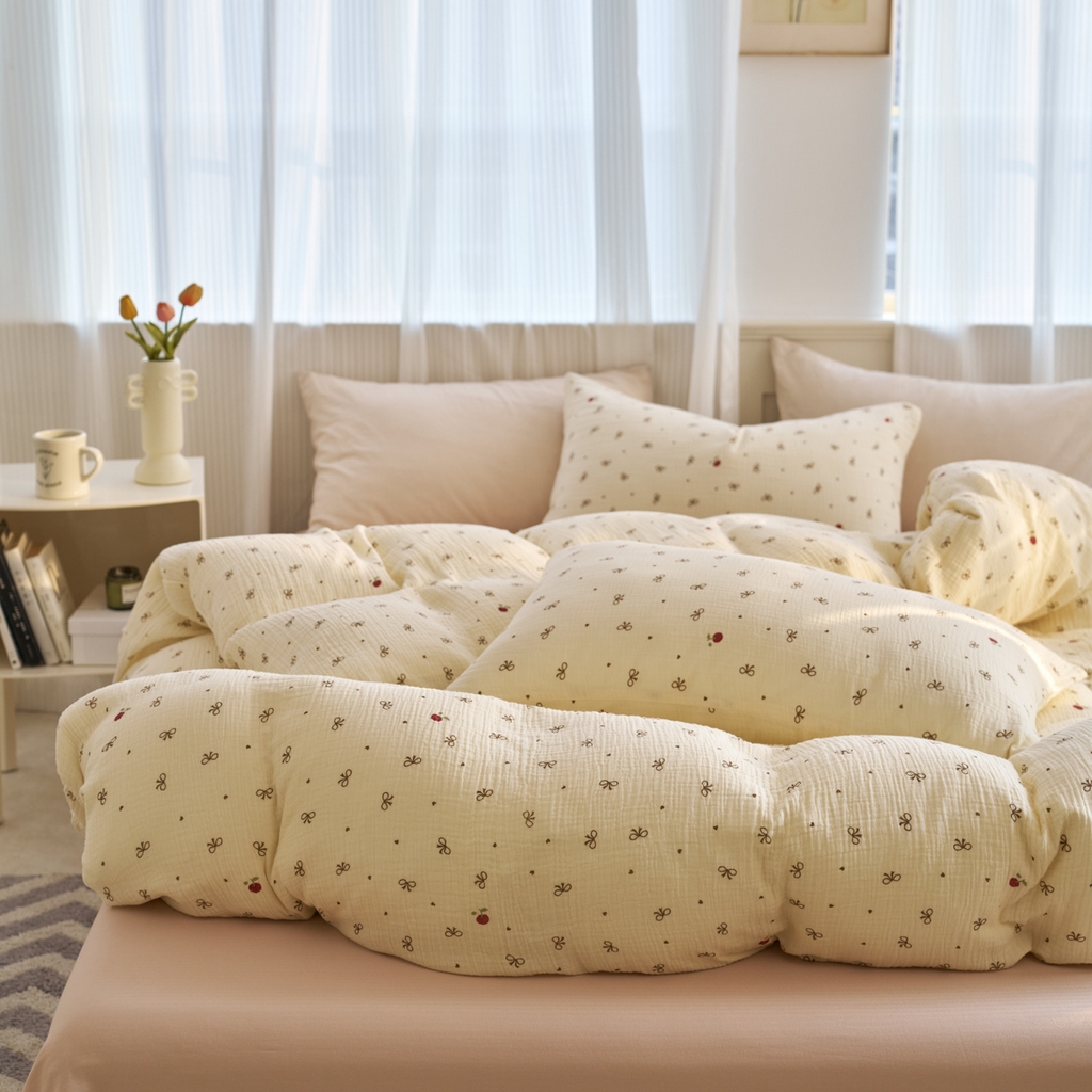 91家纺网 家纺一手货源 找家纺 洋铭区（原狠狠爱） 2025新款全棉纯棉皱皱纱四件套 樱桃小蝴蝶