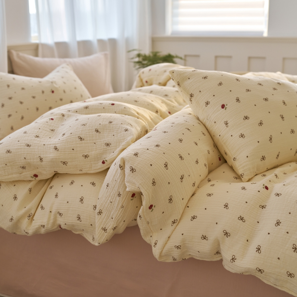 91家纺网 家纺一手货源 找家纺 洋铭区（原狠狠爱） 2025新款全棉纯棉皱皱纱四件套 樱桃小蝴蝶