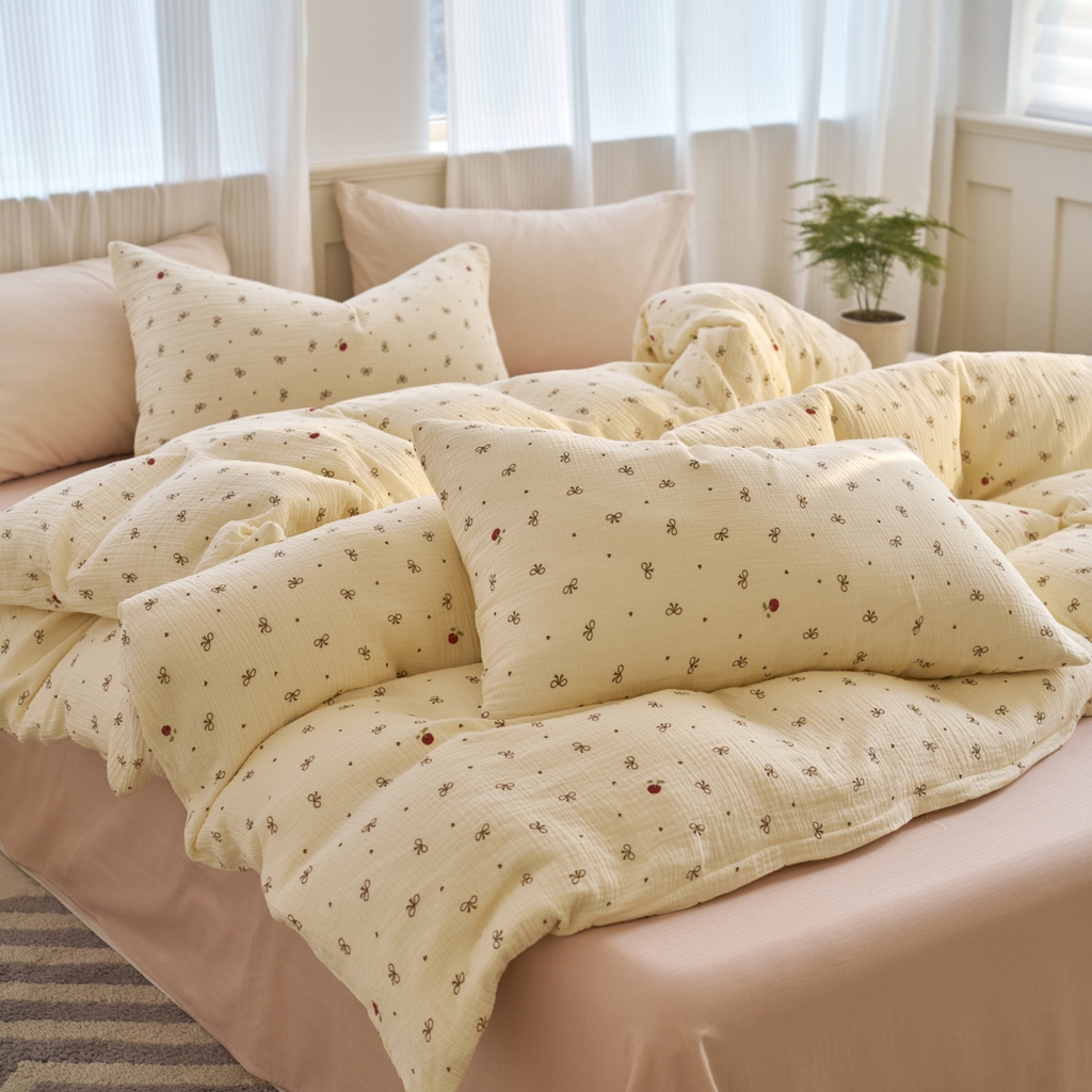 91家纺网 家纺一手货源 找家纺 洋铭区（原狠狠爱） 2025新款全棉纯棉皱皱纱四件套 樱桃小蝴蝶