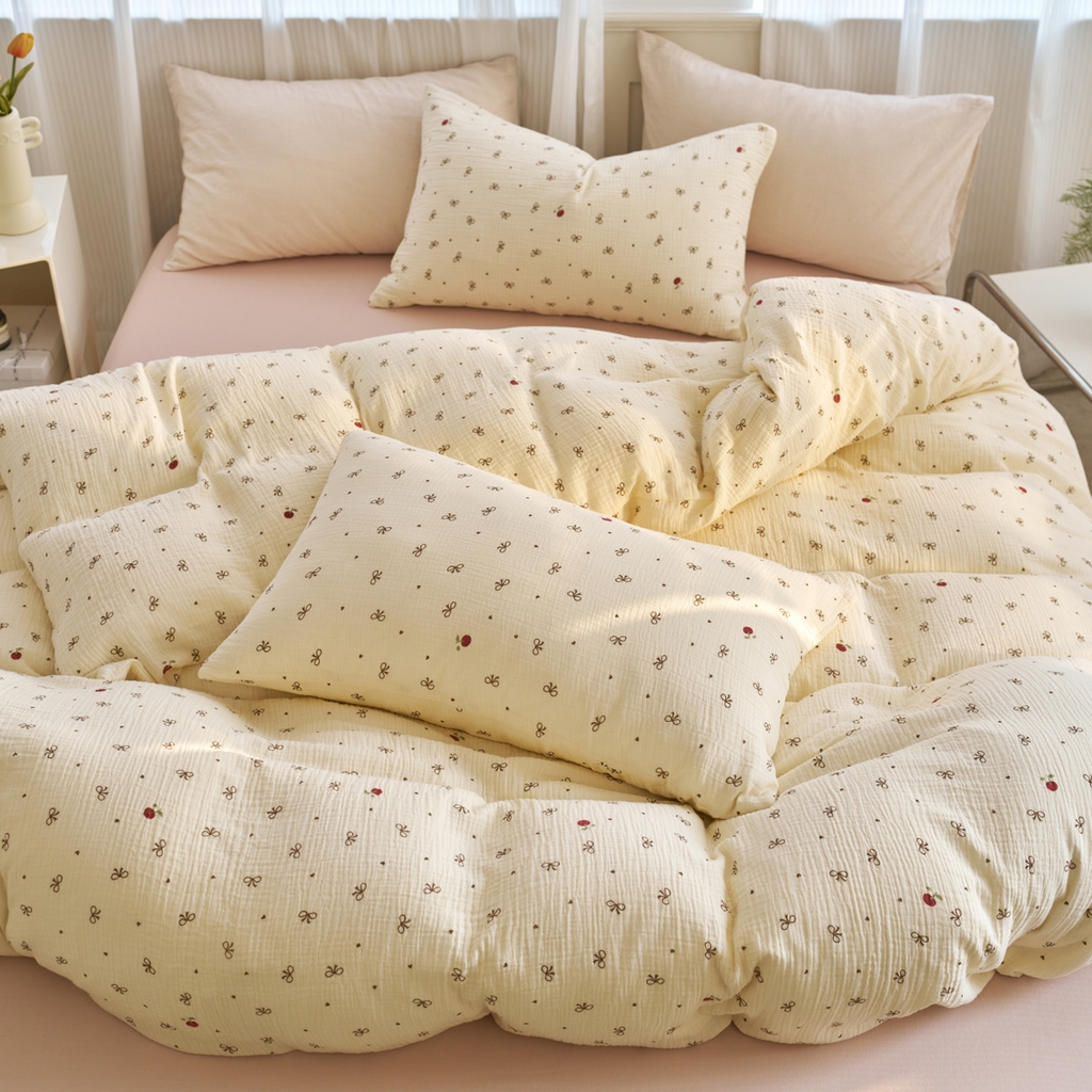 91家纺网 家纺一手货源 找家纺 洋铭区（原狠狠爱） 2025新款全棉纯棉皱皱纱四件套 樱桃小蝴蝶