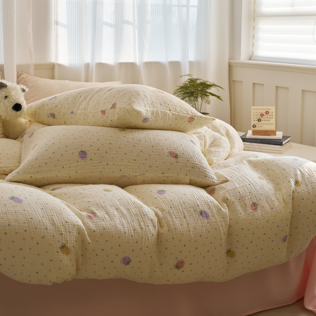 91家纺网 家纺一手货源 找家纺 洋铭区（原狠狠爱） 2025新款全棉纯棉皱皱纱四件套 梦幻草莓