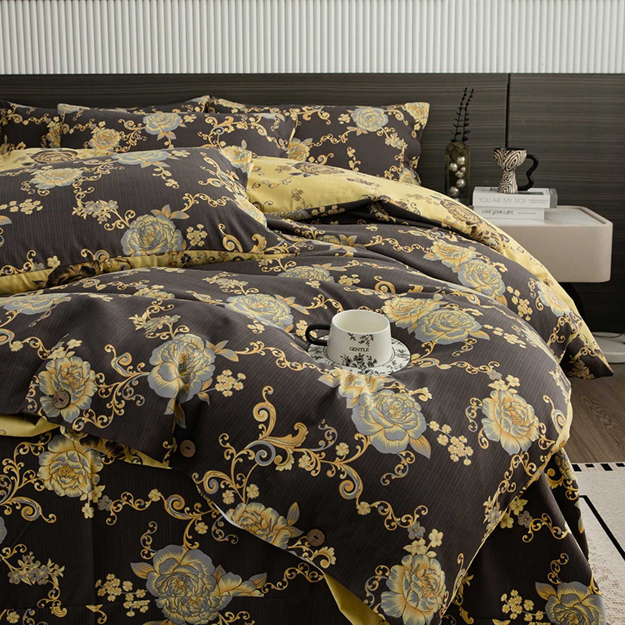 91家纺网 家纺一手货源 找家纺 果洋家纺 2025新款水洗双层纱复古纽扣款轻奢风小碎花系列四件套 花藤倚梦